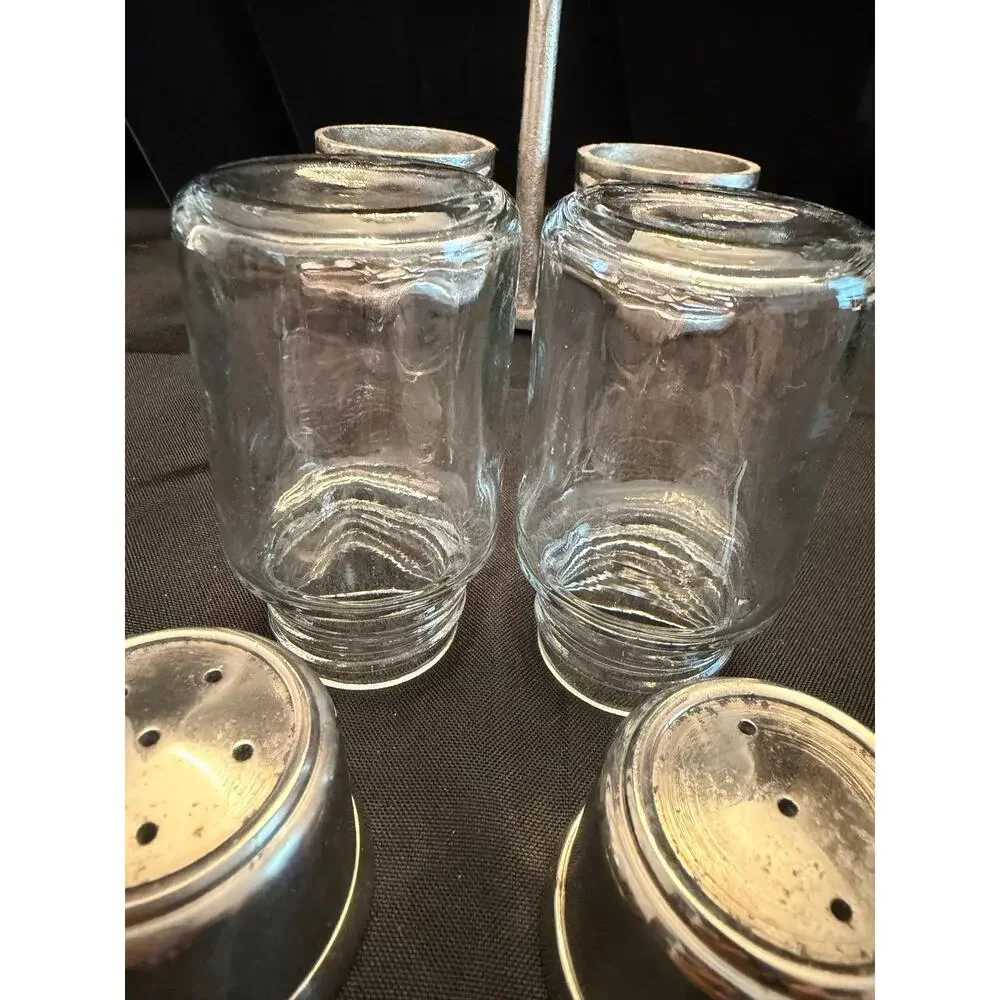 Vintage Pewter cutwork glass and pewter salt and pepper caddy openwork design